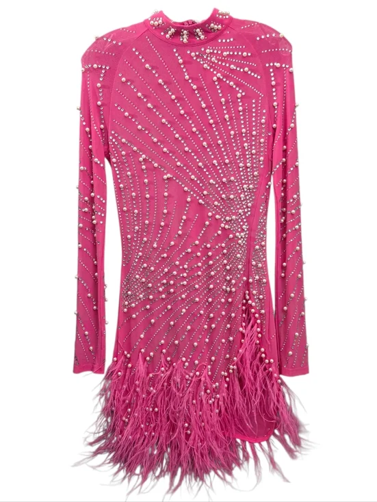 Nwt House Of Maguie Hot Pink Longsleeve Rhinestone,feathers & pearls Party Dress - Picture 16 of 16